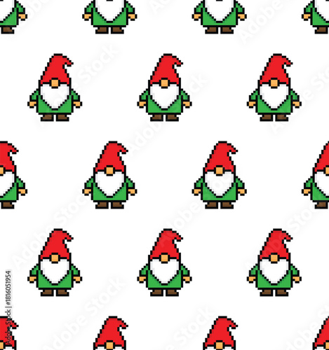 pixel  Christmas gnome  Seamless Pattern texture 2026 New Year background art for 8 bit game	