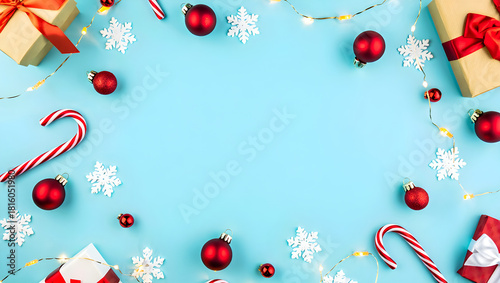 Christmas frame with gifts, candy canes, and snowflakes on blue background