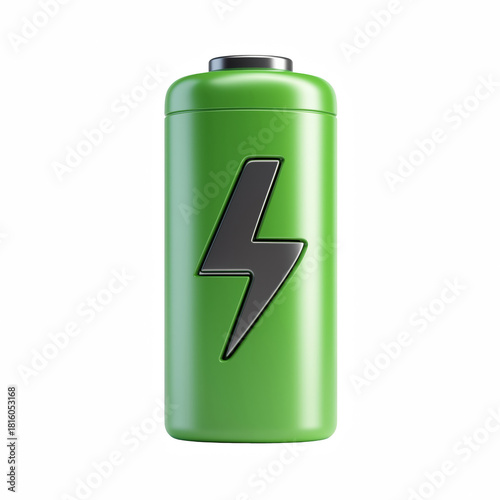 3D Green Battery Icon with Lightning Bolt, Glossy Chubby Energy Power Charge Symbol Isolated on Transparent Background