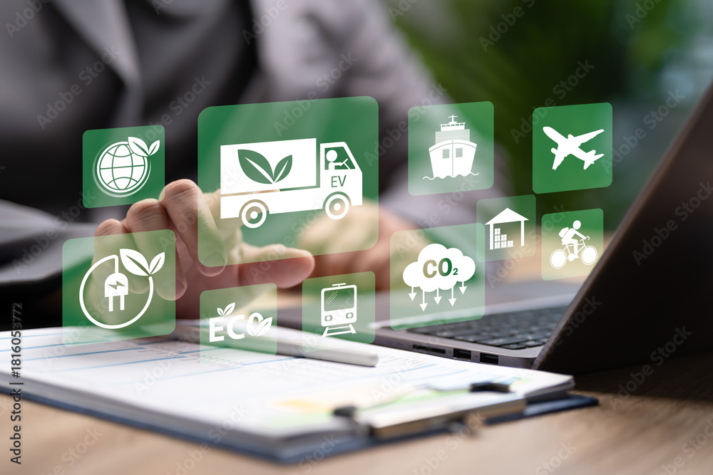 Naklejka premium Green Logistics, Supply Chain Management, Businessman Managing Eco-Friendly Transportation, Carbon Reduction, Environmental Responsibility, Smart Global Logistics for Long-Term Sustainable Growth