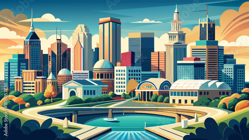 Very beautiful high-angle view of downtown Indianapolis, Indiana, featuring the city’s modern skyline with the recognizable dome of the Indiana Statehouse and the gentle curve of the White River, crea