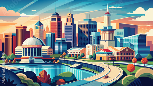 Very beautiful high-angle view of downtown Indianapolis, Indiana, featuring the city’s modern skyline with the recognizable dome of the Indiana Statehouse and the gentle curve of the White River, crea