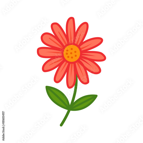 A red flower illustration with multiple petals, green leaves, and a curved stem. Bright, cheerful botanical element suitable for nature themes, logos, decorations, and floral projects.