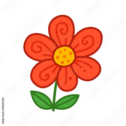 A red flower with six smooth petals and green leaves, creating a vivid botanical illustration. Ideal for nature projects, floral branding, seasonal graphics, and decorative design themes.
