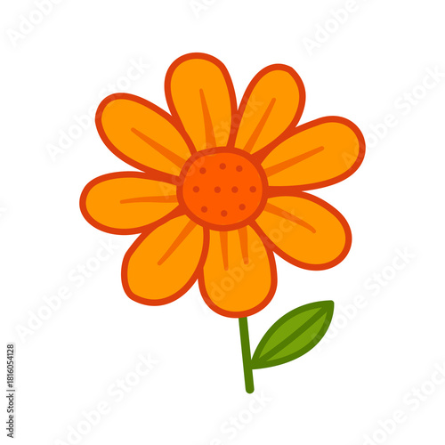 An orange flower with seven petals and green leaves, featuring a soft rounded shape. Ideal for cheerful floral decorations, eco-themed visuals, botanical icons, and bright seasonal elements.