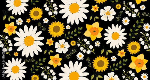 Seamless floral pattern featuring daisies and chamomile blossoms in a bright spring design