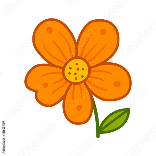 An orange flower with five large rounded petals and green leaves, forming a bold botanical element. Suitable for floral branding, decorative graphics, nature themes, and cheerful illustrations.