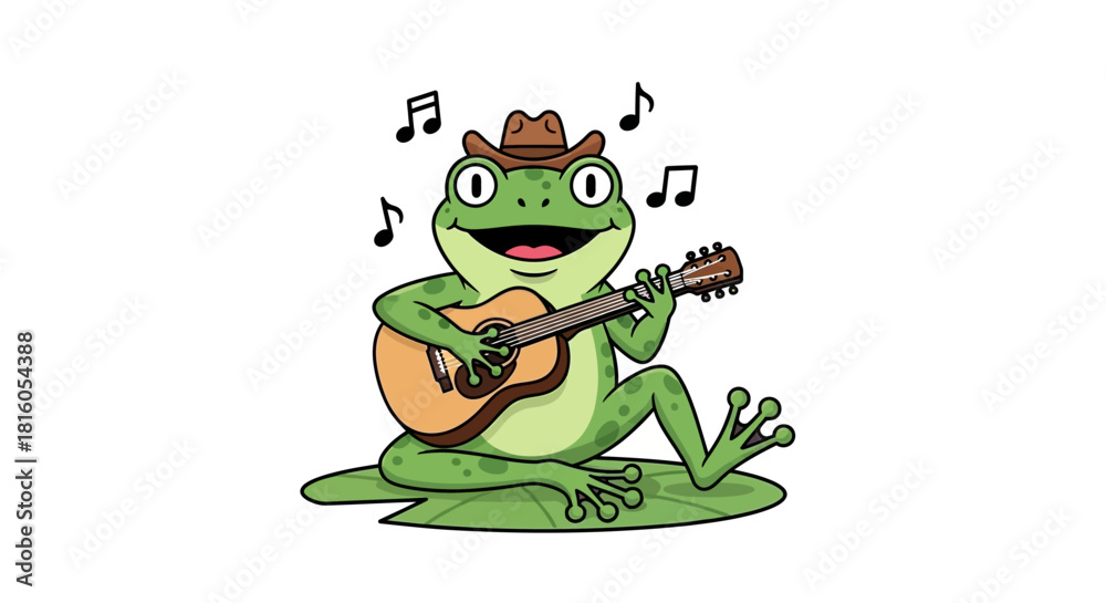 Fototapeta premium Harmonious amphibian serenade, cartoon frog with guitar and hat joyfully playing music