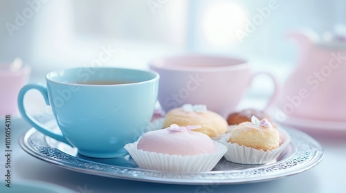 Wallpaper Mural Delicate porcelain teacups and pastries arranged on a tray Torontodigital.ca