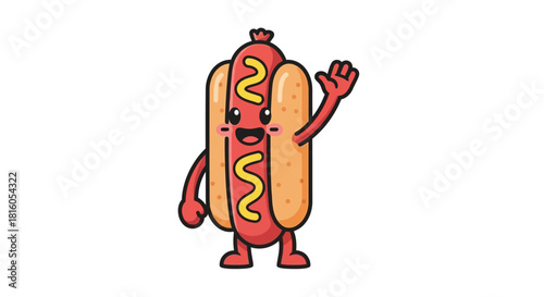 Cheerful hot dog character waving its hand, isolated on a clean white backdrop suitable for