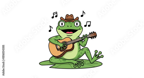 Harmonious amphibian serenade, cartoon frog with guitar and hat joyfully playing music
