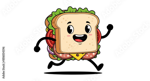 Cartoon Sandwich Character on the Run with Smiling Face and Various Filling Layers Delicious