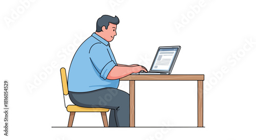 Man Working on Laptop at Desk, Illustration, Side View