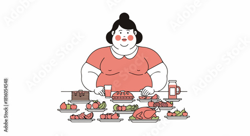 Overeating Illustration with Woman and Abundant Food