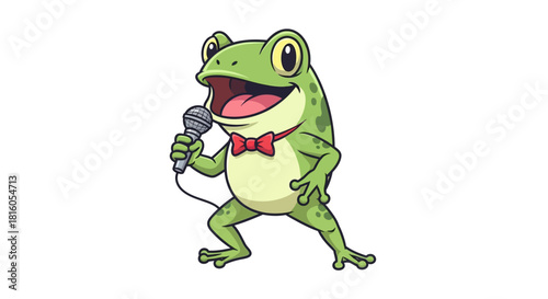Cheerful cartoon frog character singing into a microphone with bow tie looking happy