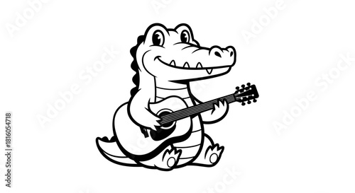 Cheerful alligator serenading with an acoustic guitar, a delightful black and white vector
