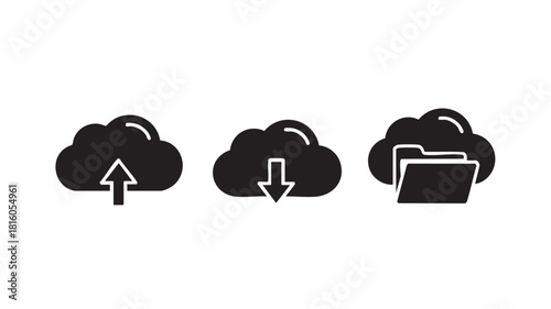 A set of three black cloud computing icons for upload, download, and file storage on a white background.