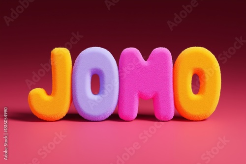 Colorful 3D lettering spelling JOMO with puffy beveled edges, showcasing vibrant hues and playful textures against a smooth gradient background, perfect for creative designs