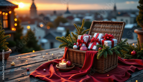 Rooftop christmas party scene with festive basket filled with wrapped gifts, evergreen branches, red ornaments and candlelight on wooden table at sunset, creating warm joyful atmosphere