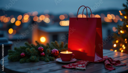 Rooftop christmas party scene with glowing candle in red cup, festive ornaments, evergreen branches and red gift bag on wooden table under evening lights