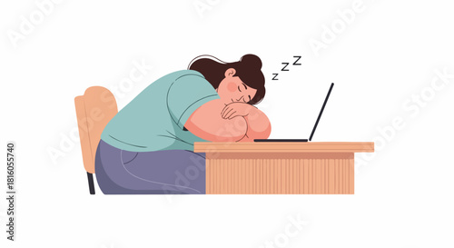 Woman Asleep at Desk with Laptop, Drained and Overworked