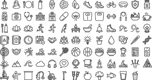 Health, Wellness and Fitness Icon Set – 80 Outline Icons for Yoga, Nutrition, Gym and Self Care