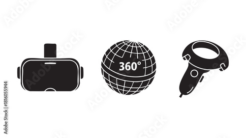 A set of black virtual reality icons showing a headset, a 360-degree globe, and a hand controller on a white background.