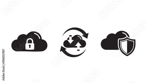 A set of three black icons representing cloud computing security, data synchronization, and protection.