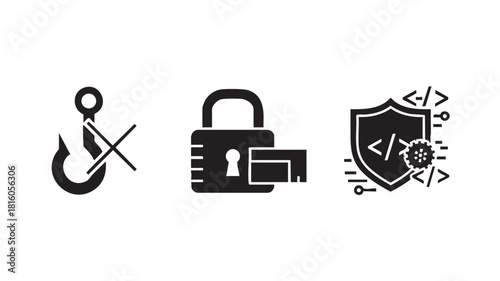 A set of three black cybersecurity icons for anti-phishing, secure credit card transactions, and software code protection.