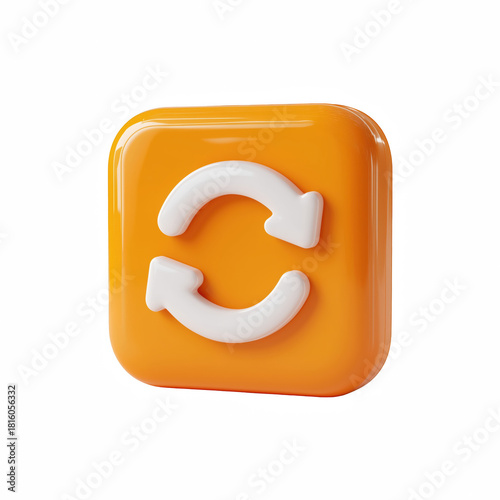 3D Refresh Sync Button Icon, White Circular Arrows on Orange Glossy Rounded Square, Realistic UI Symbol Isolated on Transparent Background