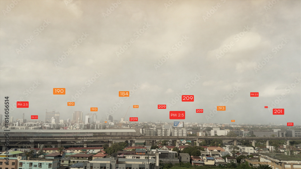 Obraz premium Cityscape Under Heavy Smog with Augmented Reality PM 2.5 Data Overlay, Illustrating Air Pollution and Public Health Crisis.