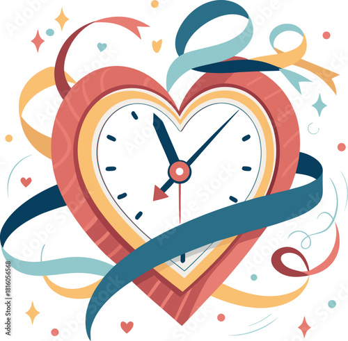 Charming illustration of a heart-shaped clock entwined with flowing ribbons and sparkling confetti, symbolizing timeless love, cherished moments, and romantic celebration