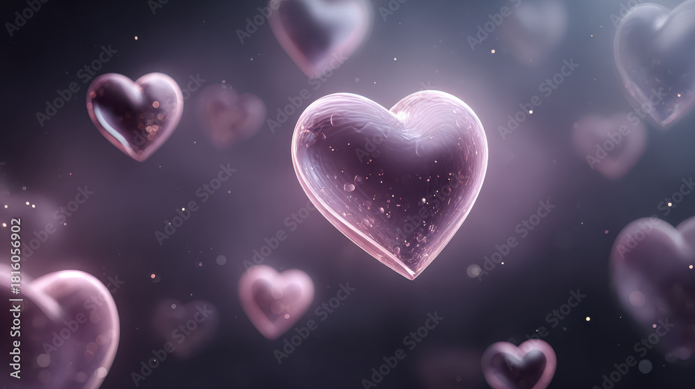 Obraz premium Glowing pink heart bubble floating in soft dark background, romantic shimmering texture and gentle bokeh light creating dreamy emotional atmosphere