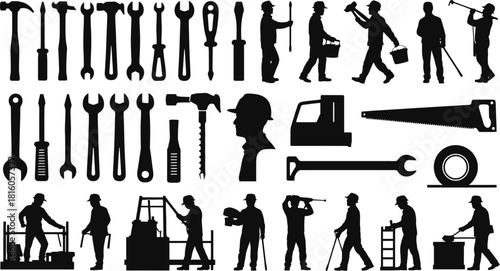 Construction Worker and Handyman Tools Silhouette Collection .