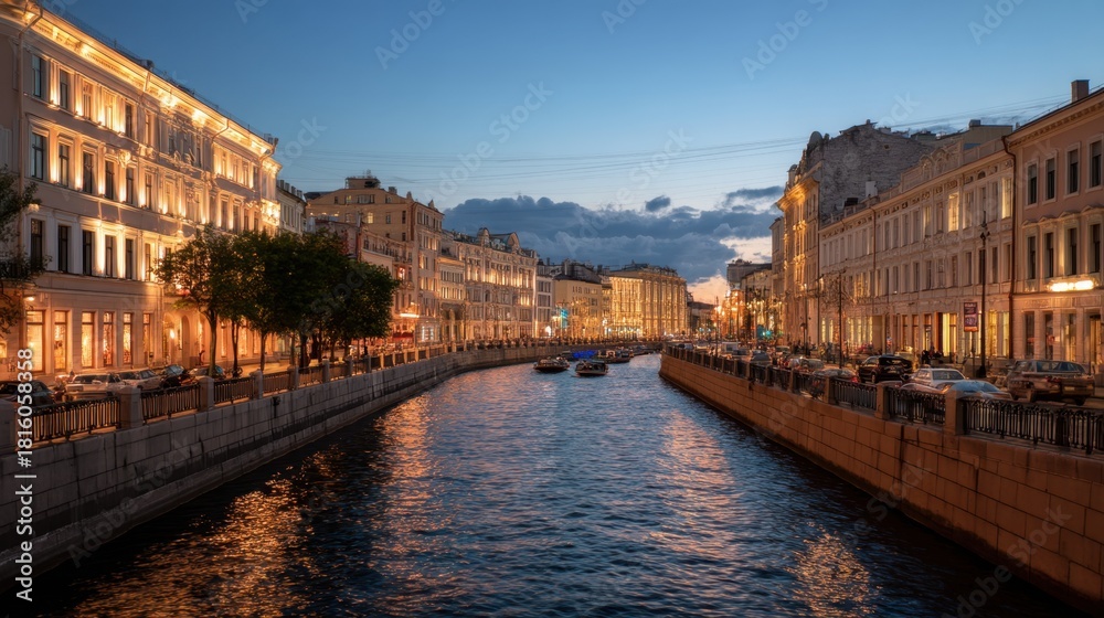 Obraz premium Beautiful city canal with illuminated buildings and boats at dusk. Scenic view of european city for travel and tourism concept. Urban landscape.