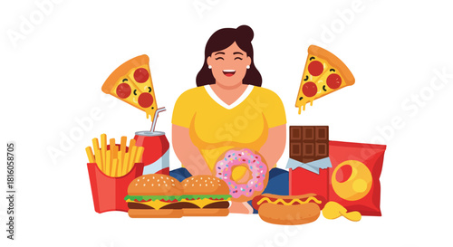 Woman Enjoying Unhealthy Food Selection with a Smile