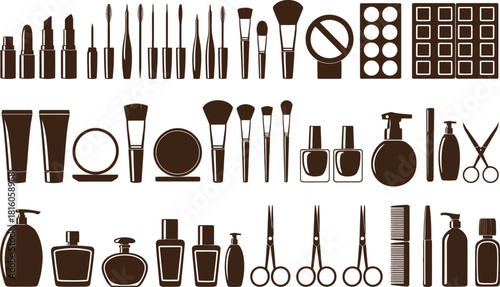 Beauty Cosmetic Tools Silhouette Vector Set .