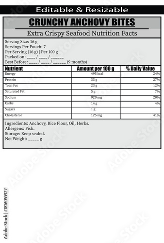 Crunchy Anchovy Bites Nutrition Facts Label extra crispy seafood
