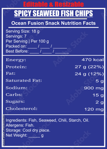 Spicy Seaweed Fish Chips Snack Nutrition Facts Label