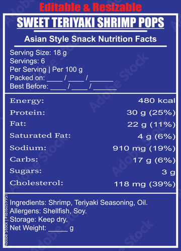 Sweet Teriyaki Shrimp Pops Nutrition Facts Label asian style snack