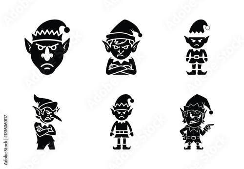 christmas cranky elf silhouette icon set collection with spiral and solid styles
