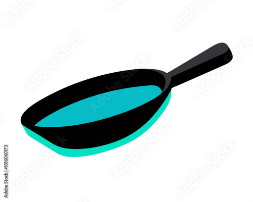 Black metal frying pan and spoon kitchen utensil isolated on white background