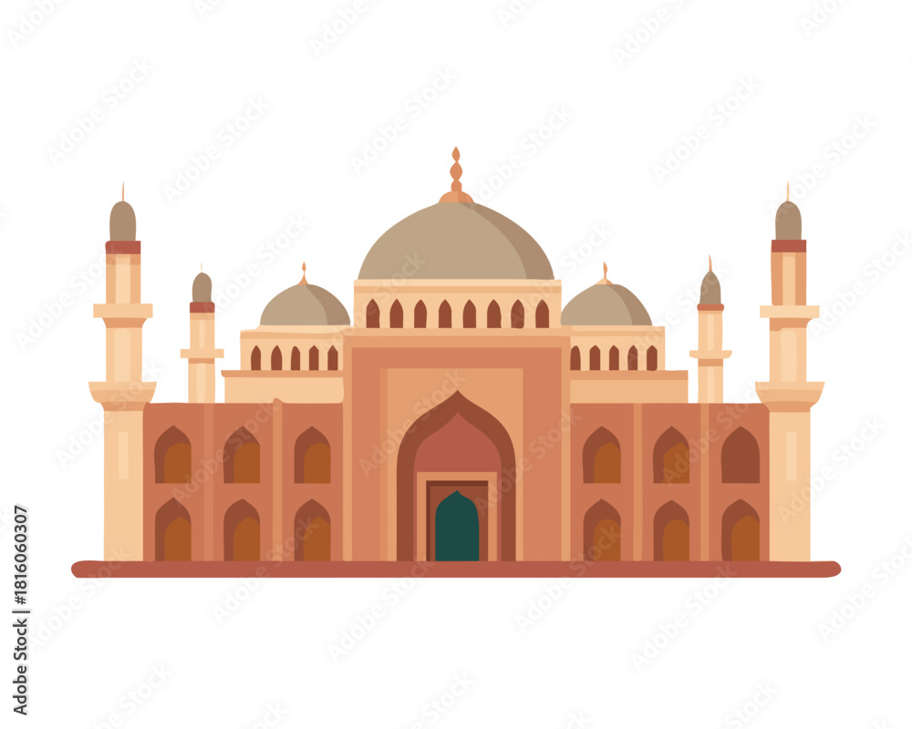 Fototapeta premium Taj Mahal vector illustration: Mughal marble mausoleum architecture in Agra, India, a famous Asia travel landmark and heritage monument