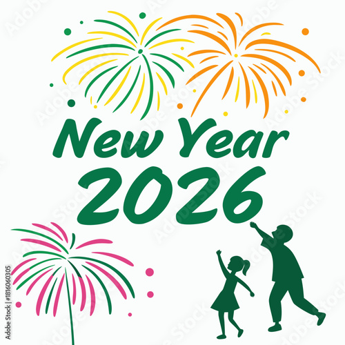 New Year 2026: Silhouette of a father and child gaze up at a colorful firework display during a festive celebration