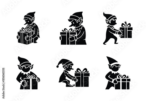 christmas elf gift squeeze silhouette icon set collection with spiral and solid styles