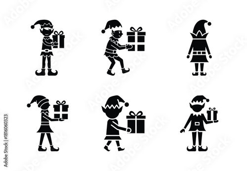 christmas elf gift trip silhouette icon set collection with spiral and solid styles
