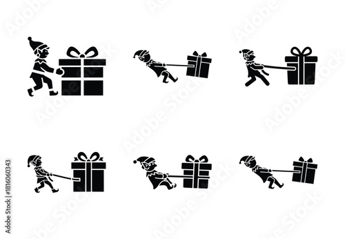 christmas elf gift tug silhouette icon set collection with spiral and solid styles