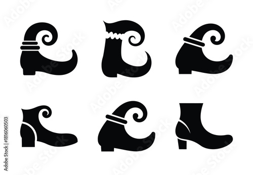 christmas elf shoe curl silhouette icon set collection with spiral and solid styles
