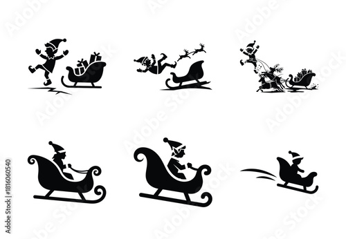 christmas elf sleigh slip silhouette icon set collection with spiral and solid styles