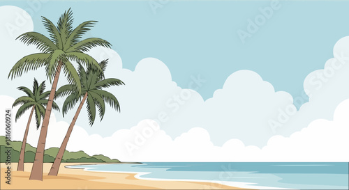 Palm trees on a sandy beach with ocean and sky view.